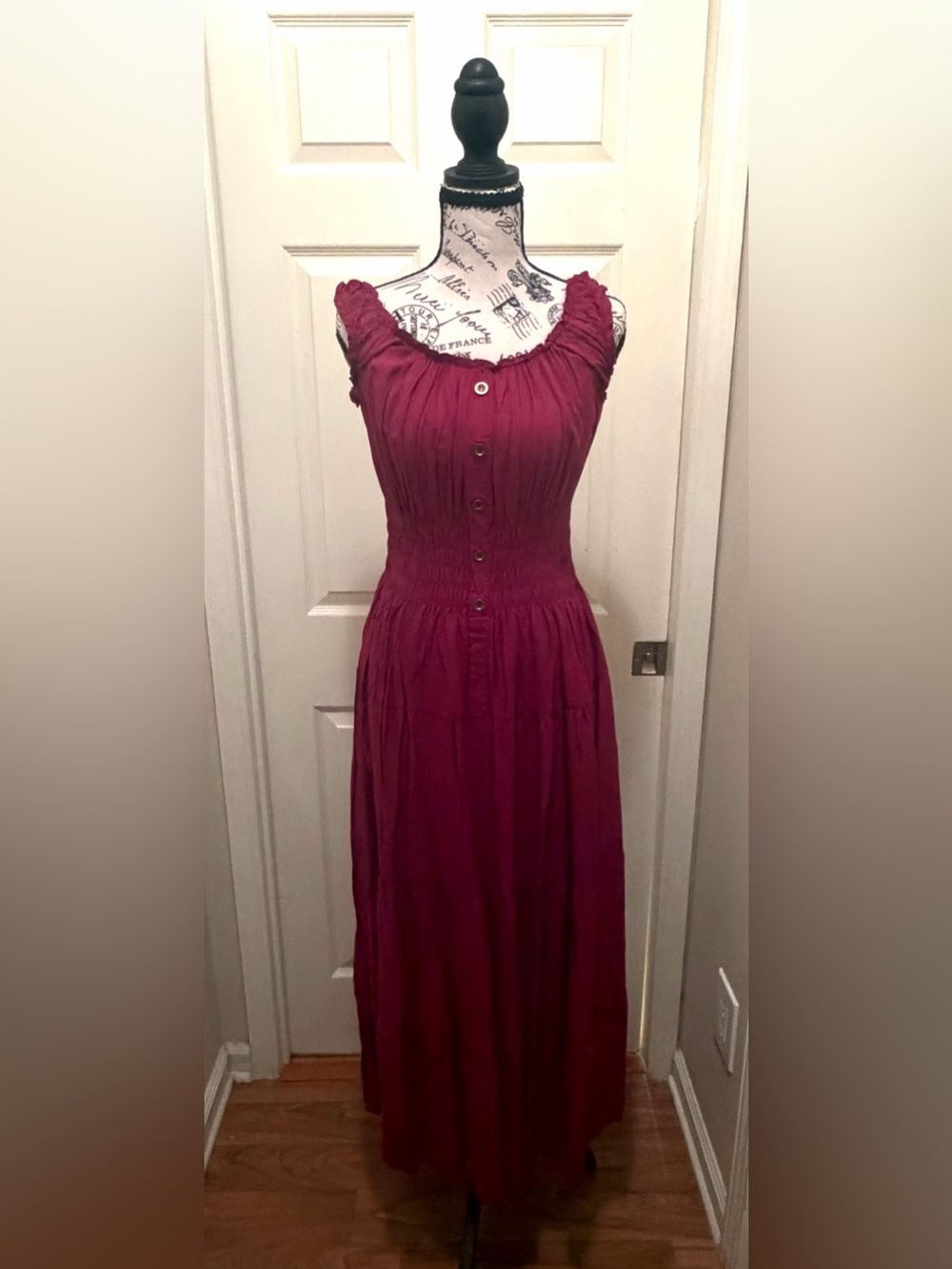 Women’s Sleeveless Smocked Button-Front Maxi Dress in Deep Wine
